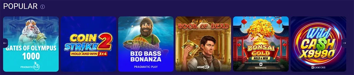 Popular casino games section featuring Gates of Olympus 1000, Coin Strike 2 Hold and Win, Big Bass Bonanza, Book of Dead, Bonsai Gold Hold & Win, and Wild Cash X9990, displayed as colorful slot game tiles on a dark purple interface.