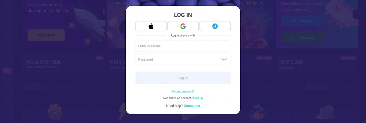 Casino login popup with quick sign-in options via Apple, Google, and Telegram, email or phone and password fields, a “Log In” button, password recovery link, and options to sign up or contact support on a purple background.